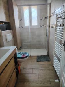un baño con ducha y lavabo en appartement étage, en Brest