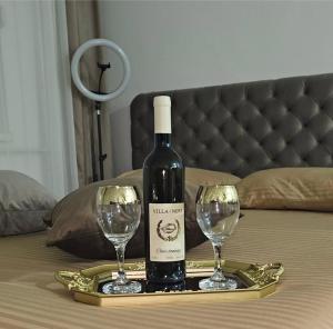 a bottle of wine on a tray with two wine glasses at Apartman Tajna in Sremčica +17 photos