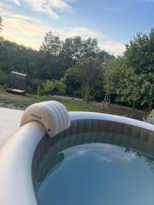 a pool with a hot tub in a backyard at Villa Šašava in Bosanska Gradiška