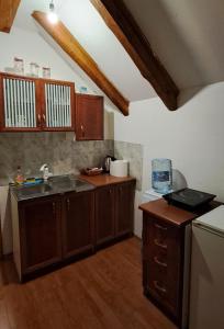 a kitchen with wooden cabinets and a sink in a room at VD Forest villa in Cetinje