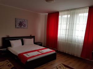 1 dormitorio con 1 cama con cortinas rojas y ventana en Hotel New, en Baia Mare