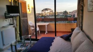 a living room with a couch and a view of a balcony at Appartement T2 dans village Naturiste en bord de mer in Leucate-Plage