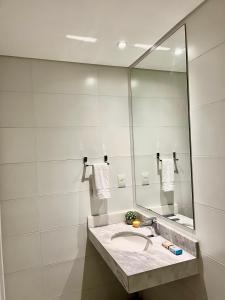 a bathroom with a sink and a large mirror at Edificio Ventura Carmelitas in Asuncion