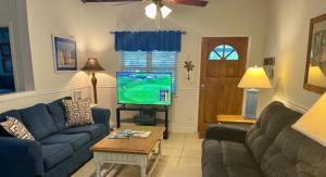 Una sala de estar con un sofá y un televisor. en BARNHILL B DUPLEX Duplex, en Jekyll Island