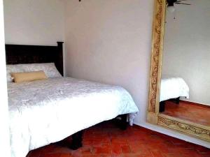a bedroom with a bed and a mirror at Casa de Campo luciérnaga in San Miguel de Allende +9 photos