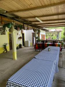een blauw-wit geblokte tafel op een terras bij LA RIVIERA Posada Campestre in Bolívar
