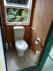 a small bathroom with a toilet with a window at Waiotoi - The Bush Hideaway in Matapouri