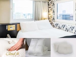 a collage of photos of a hotel room with a bed and pillows at APA Hotel Tonami Ekimae in Tonami