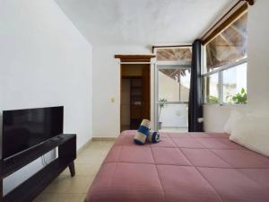 a bedroom with a bed and a tv and a window at Stylish 1BR Apartment with Private Terrace in Playa del Carmen in Playa del Carmen +45 photos