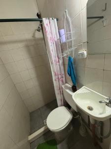 a small bathroom with a toilet and a sink at Hostel Urqu Ñan in Mendoza +16 photos