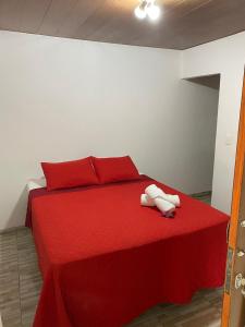 a bedroom with a red bed with a stuffed animal on it at Suite Aconchego in Mucugê +7 photos
