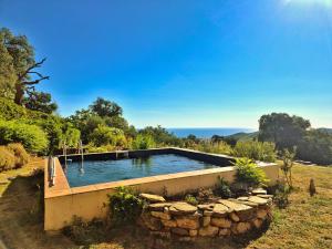 una piscina en un campo con el océano en el fondo en Mas d'en Selve Domaine d'exception avec vue Mer, en Argelès-sur-Mer