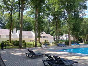 a group of chairs sitting next to a swimming pool at Studio Eik 105 at the pool in nature domain in Aan de Wolfsberg