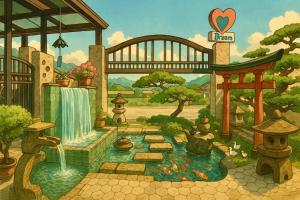 a painting of a garden with a waterfall and a bridge at Love's World B&B in Ji'an