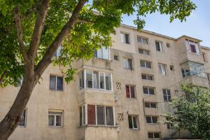 an apartment building with windows and a tree at Garsoniera in Mangalia