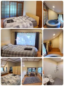 un collage di quattro foto di una camera da letto di วาคุมิคาเฟ่&โฮมสเตย์ WakumiCafe&Homestay a Ban Pong