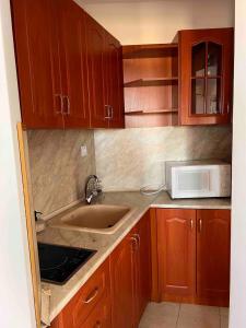 a kitchen with a sink and a microwave at Windmill Nessebar studio with sea view in Nesebar
