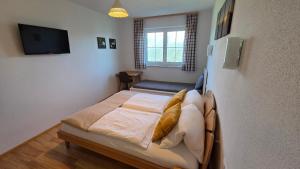 a small bedroom with a bed and a television at Haus Tauernseitn in Schladming