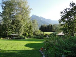 ogród z zielonym trawnikiem i górami w tle w obiekcie Gästehaus Steinerhof w mieście Salzburg