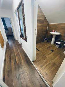 - un couloir d'une maison avec lavabo et miroir dans l'établissement Cabana Revnic, à Băişoara