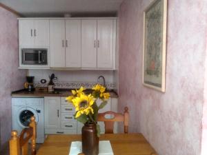 a kitchen with a table with a vase of yellow flowers at Casa Marzo in Angüés