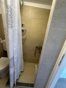 a bathroom with a shower with a white shower curtain at Sarajevo-Hotonj Apartman in Sarajevo