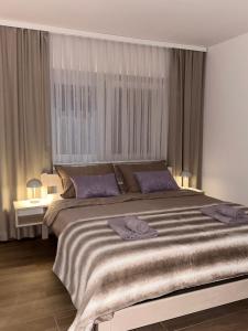 a bedroom with a large bed with purple pillows at MIDA 2 Apartment in Tuheljske Toplice