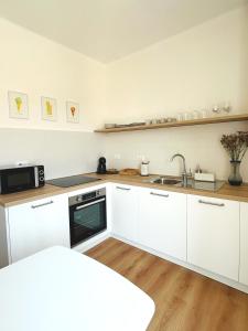 een keuken met witte kasten, een spoelbak en een magnetron bij Ponente Blue Appartamenti, 7 in Arma di Taggia