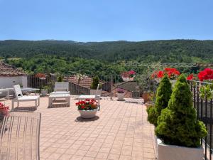 アッセルジにあるPIAZZETTA DEL FORNO GRAZIOSO BILOCALE ad ASSERGIの鉢植えの赤い花とフェンスのあるパティオ +26枚の写真