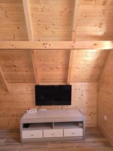 a living room with wooden walls and a flat screen tv at Summit chalets TL in Žabljak