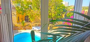 a view of a pool from a window with a plant at Satori Studio - open plan seaviews private terrace & shared pool in Il-Pergla