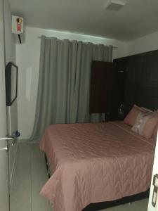 ein Schlafzimmer mit einem Bett mit einer rosa Decke in der Unterkunft Portinari 2 in Rio das Ostras