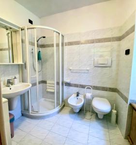 a bathroom with a shower and a toilet and a sink at El Me Popo in Segonzano