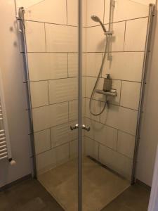 a shower with a glass door in a bathroom at Slotsgaarden ved Hesten in Randers +49 photos