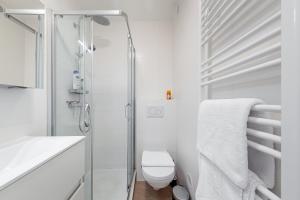 a white bathroom with a shower and a toilet at Fully furnished and modern flat - Brussels center in Brussels