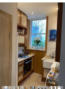 a kitchen with a stove and a sink and a window at 600sf 1 bedroom apartment in Moffat