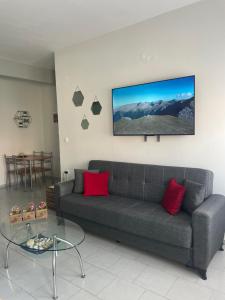 a living room with a gray couch and red pillows at Nemesis in Litochoro