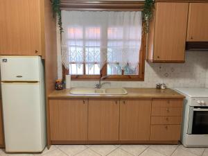 a kitchen with a white refrigerator and a sink at Martha's home in Nea Vrasna