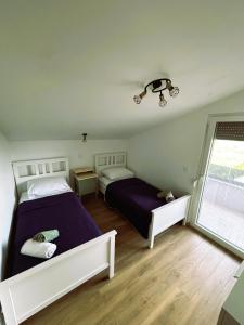 une chambre avec deux lits et une fenêtre dans l'établissement Apartman Denis, à Vir