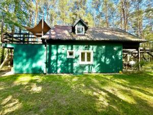 a green building in the grass in a yard at Daleko od Szosy in Krajęczyn