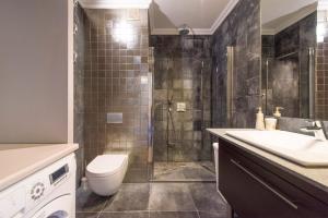 グダニスクにあるGdańsk Comfort Apartmentsのバスルーム(トイレ、洗面台、シャワー付)