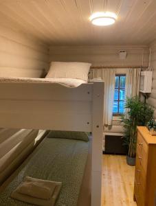 a bedroom with a bunk bed in a tiny house at Skogshytte in Holmøyane