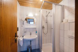 a bathroom with a shower and a sink and a toilet at Hotel Andrea in Zams +84 photos