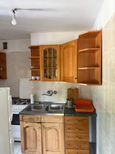 a kitchen with wooden cabinets and a sink at Dom Letniskowy Sądecczyzna in Olszanka