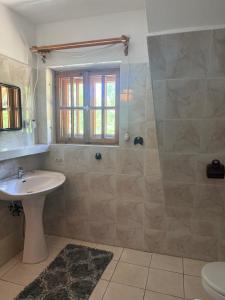 a bathroom with a sink and a shower at Dom Letniskowy Sądecczyzna in Olszanka +20 photos