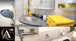 a bathroom with a sink and a washing machine at Classic Central Apartment in Budapest +47 photos