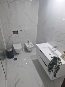 a white bathroom with a toilet and a sink at Espinho Charm Stay in Espinho