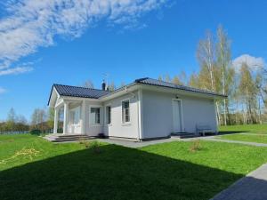 a small white house with a green lawn at Ziedulejas in Beika