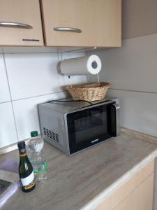 a microwave on a counter with a basket on top of it at Ferienwohnung Schlesinger in Hohnstein