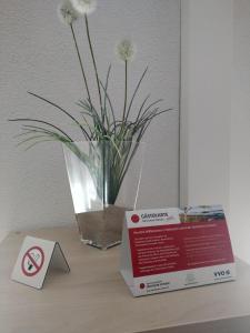 a box and a vase with flowers on a table at Ferienwohnung Schlesinger in Hohnstein